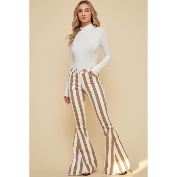COACHELLA TAUPE/CREAM STRIPED FLARE JEANS - Picture 2 of 9